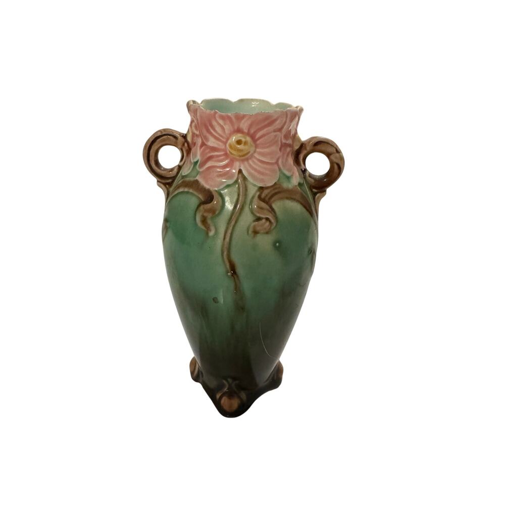 Antique Majolica Mini Vase Pink Flower Green Glaze Double Handle 5"